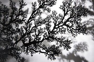 Fototapete - Intricate black silhouette of a seaweed or coral, casting a shadow on a white background.