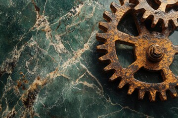 Poster - Rusty gears on a dark green marble background, a steampunk aesthetic.