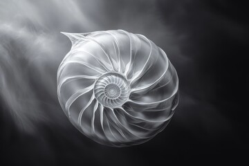 Fototapete - A translucent nautilus shell floats in a dark, smoky background, showcasing its intricate spiral structure.