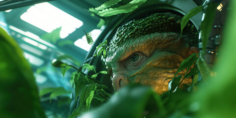 Poster - Close-up of Reptilian Creature Amidst Greenery in Technological Setting