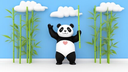 Poster - Happy panda holding bamboo stalk amidst bamboo plants and clouds.