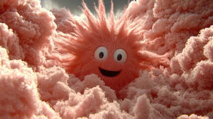 Poster - Happy pink fluffy creature peeking from cotton candy clouds.