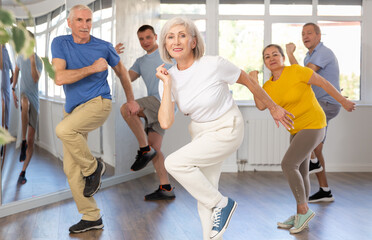 Wall Mural - Portrait of active mature people enjoying modern energetic dancing in a group in the studio