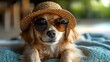 © shikatso - Dog in sunglasses and hat relaxing poolside