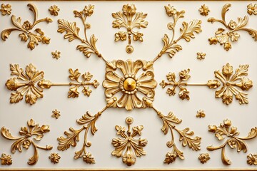 Renaissance decorative white and gold ceiling pattern showing flowers and golden details