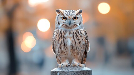 Wall Mural - Majestic owl perched, city bokeh background, autumn evening, wildlife photography