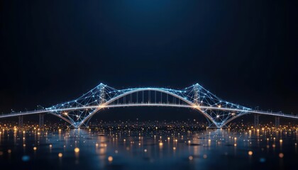 A glowing blue node structure forms a bridge over a reflective surface, creating a visually striking and futuristic scene. This image can be used for technology, architecture, or innovation themes