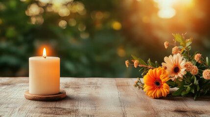 Wall Mural - Perfect combine, A soft candlelight scene blended with fresh elements, captured in high fidelity, ideal for stock imagery showcasing tranquility and ambiance.