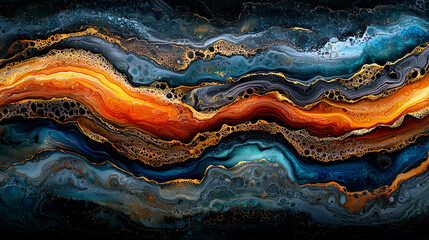 Wall Mural - Abstract Fluid Acrylic Pouring: Golden Waves, Blue Swirls, Dark Background