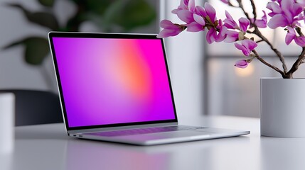 Poster - Modern laptop with blank screen on white table, pink magnolia branch nearby.