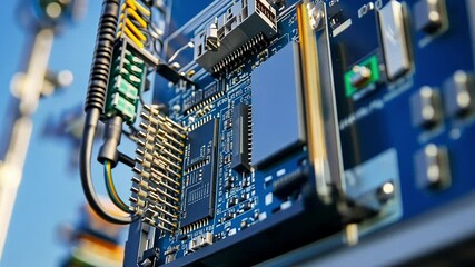 Poster - Close up of a circuit board with a telecommunication tower in the background, illustrating the vital role of advanced electronics in modern communication networks