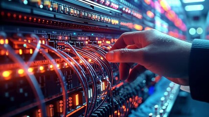 Aufkleber - close up of a technician's hand connecting cables in a server room filled with blinking lights, high