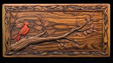 Wall Mural - Intricate wood carving of a cardinal perched on a branch, detailed leaves, ornate frame.