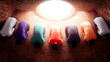 © indah - Men in colorful robes praying in a brick room with light from above.