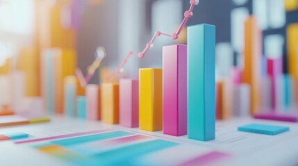 Fototapete - A close-up shot of a D bar chart illustrating sales growth over a quarter, with animated bars rising and detailed labels, capturing the essence of business performance and data visualization.
