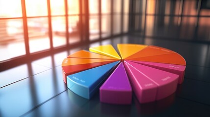 Poster - A colorful D pie chart vividly displaying market share distribution, with labeled segments and dynamic shadows, set against a sleek office background, emphasizing data visualization and analysis.