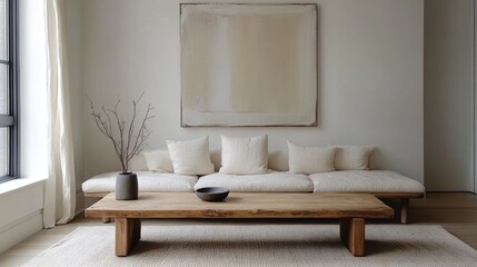 Poster - A cozy minimalist living room adorned with a single statement piece of art, a low-profile sofa, and a wooden coffee table, creating an inviting space that prioritizes comfort and style.