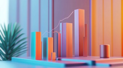 Poster - A detailed D financial bar chart with gradient colors, displaying growth data in a modern, tech-inspired setting, with lines and numbers indicating rising profits.
