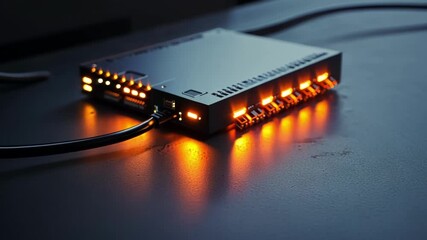 Poster - network switch featuring glowing orange lights, illuminating a dark room and representing active dat