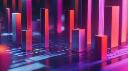 Poster - A detailed D financial bar chart with gradient colors, displaying growth data in a modern, tech-inspired setting, with lines and numbers indicating rising profits.