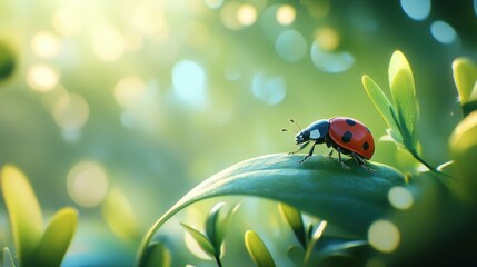 Poster - Ladybug on a green leaf in sunlight. (3)