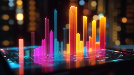 Poster - A digital D bar graph emerging from a tablet screen, representing real-time financial data and analytics, with vibrant bars illustrating increasing revenues and performance.