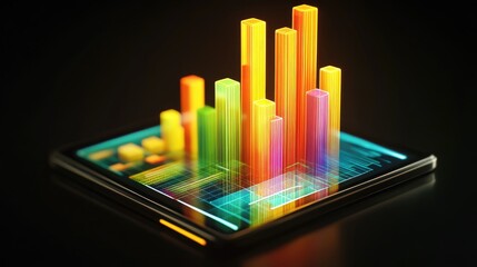 Poster - A digital D bar graph emerging from a tablet screen, representing real-time financial data and analytics, with vibrant bars illustrating increasing revenues and performance.