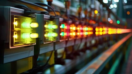Poster - colorful lights blinking on an industrial control panel, managing and monitoring an automated produc