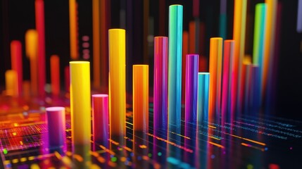 Poster - A dynamic D bar chart displaying colorful data representations, with upward trends and various heights, set against a sleek, modern background to highlight the growth and analysis of market data.