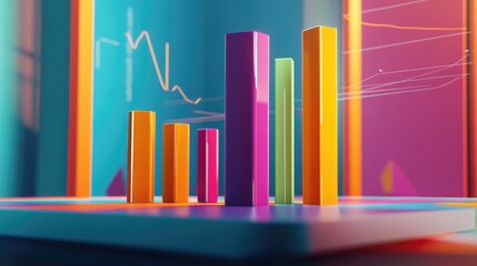 Poster - A dynamic D bar graph with vibrant colors representing different financial metrics, rising from a sleek platform, with lines and numbers floating in the background.