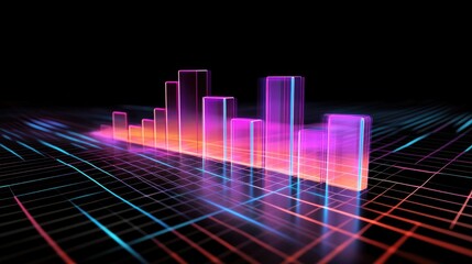 Poster - A futuristic D bar chart with glowing, transparent bars representing financial data, rising from a digital grid, showing trends and analytics in a high-tech environment.