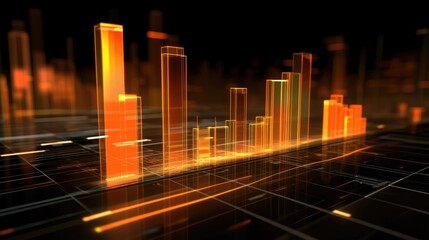 Fototapete - A futuristic D bar chart with glowing, transparent bars representing financial data, rising from a digital grid, showing trends and analytics in a high-tech environment.