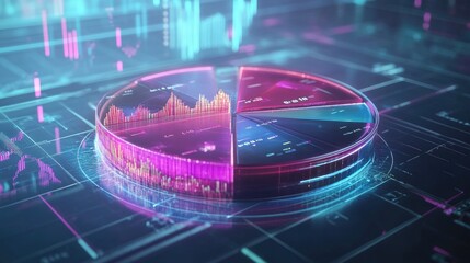 Fototapete - A futuristic D pie chart with segmented pieces, each representing a different percentage of data, floating in a digital environment with lines and graphs in the background.