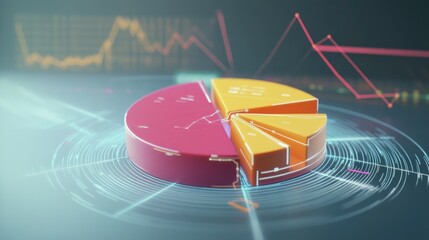 Fototapete - A futuristic D pie chart with segmented pieces, each representing a different percentage of data, floating in a digital environment with lines and graphs in the background.