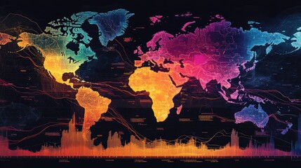 Poster - A financial heatmap combined with trend lines, visualizing key sectors' performance during market shifts, and highlighting areas of growth and decline in a global economy.