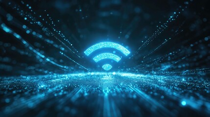 Poster - A glowing blue Wi-Fi symbol against a clean white background, with radiating signal waves illustrating strong connectivity, perfect for technology and communication themes.
