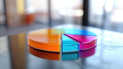 Poster - A modern D pie chart with colorful, glass-like slices rotating slightly, highlighting key data points in a business or financial presentation setting.