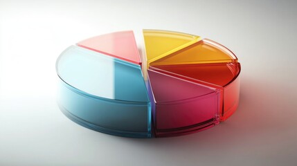 Poster - A modern D pie chart with colorful, glass-like slices rotating slightly, highlighting key data points in a business or financial presentation setting.