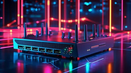 Poster - Futuristic router with multiple antennas managing data flow and network traffic in a vibrant cyberspace environment, illuminated by glowing neon lights