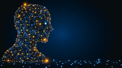 Poster - Digital Mind: An abstract profile of a human head constructed from glowing nodes and connecting lines, set against a deep blue background, representing artificial intelligence, digital consciousness.