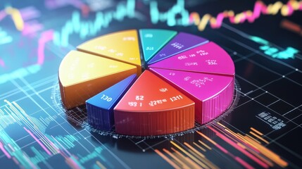 Fototapete - A segmented D pie chart with colorful pieces, each labeled with financial data, set on a digital platform with numbers and lines illustrating trends in the background.