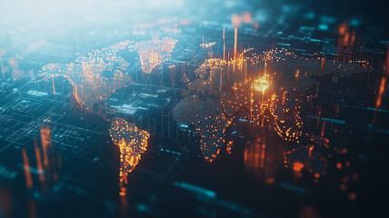 Poster - Global Network: A vibrant abstract illustration of a world map with glowing connections, symbolizing the interconnectedness and dynamic flow of information, technology, and global communication.