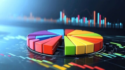 Fototapete - A segmented D pie chart with colorful pieces, each labeled with financial data, set on a digital platform with numbers and lines illustrating trends in the background.