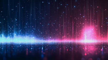 Poster - Neon Dreamscape:  A mesmerizing digital art piece depicting a vibrant, futuristic landscape illuminated by neon pink and blue vertical light streaks.