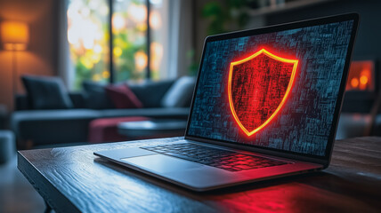 Poster - cybersecurity shield: laptop displaying a glowing red shield icon, symbolizing online protection and