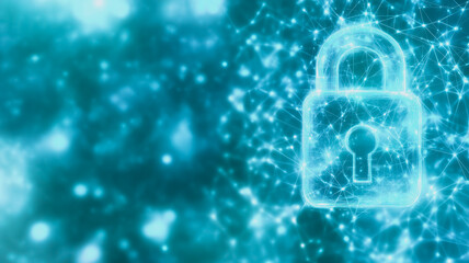 Poster - Cybersecurity Network Lock: An abstract glowing blue padlock, symbolizing digital security and data protection, is presented against a backdrop of interconnected nodes, representing a secure network.