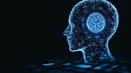 Poster - Digital Mind:  A mesmerizing digital rendering of a human head, composed of glowing blue data streams, with a central illuminated brain motif. The image symbolizes artificial intelligence.