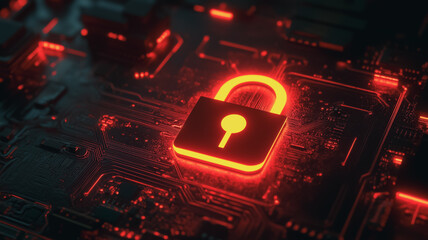 Poster - Cyber Security: An illuminated glowing padlock, symbolizing protection and security, sits atop a circuit board, representing the digital world.