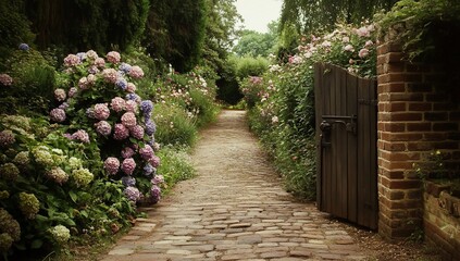 Poster - Stone path leads to wooden gate in lush garden with blooming hydrangeas and roses.