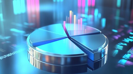 Poster - A sleek, metallic D pie chart with separated sections, hovering over a reflective surface with data points displayed above, symbolizing modern business analytics.